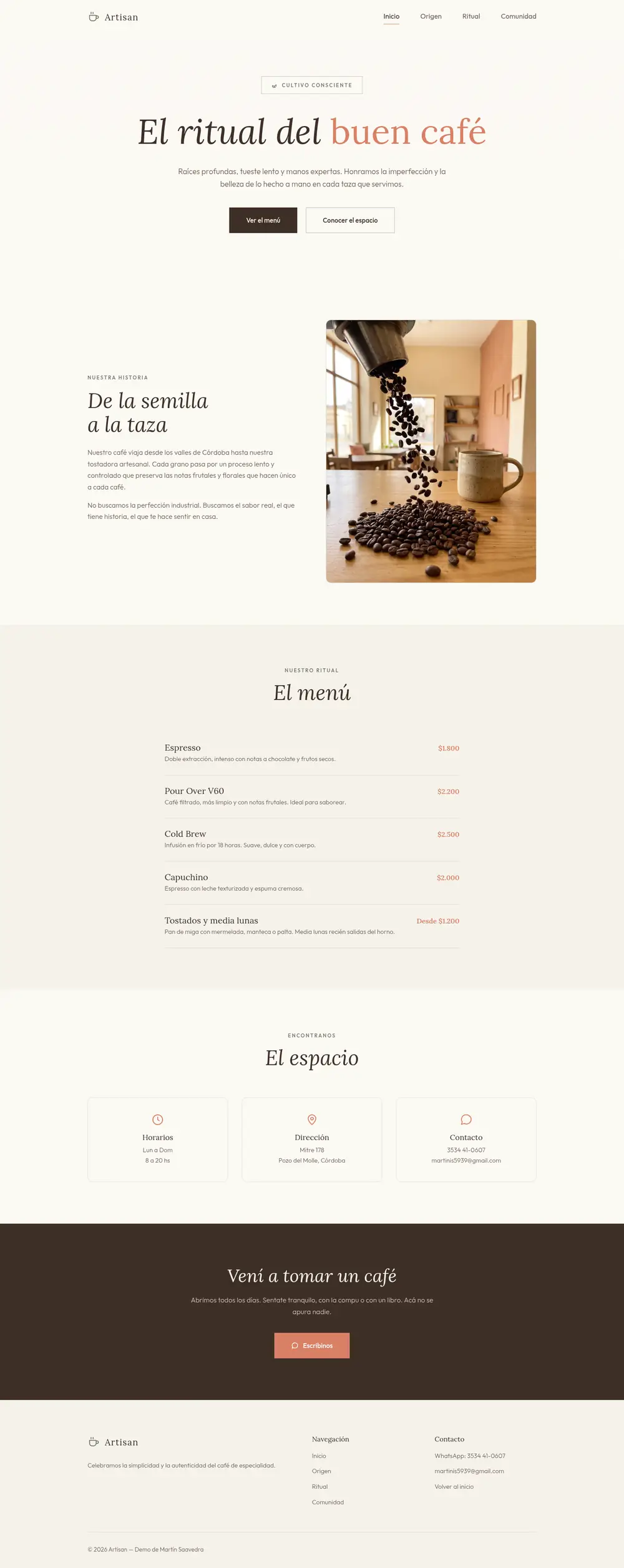 Captura completa de la demo de cafetería “Artisan”: portada, historia, menú con precios, espacio y contacto
