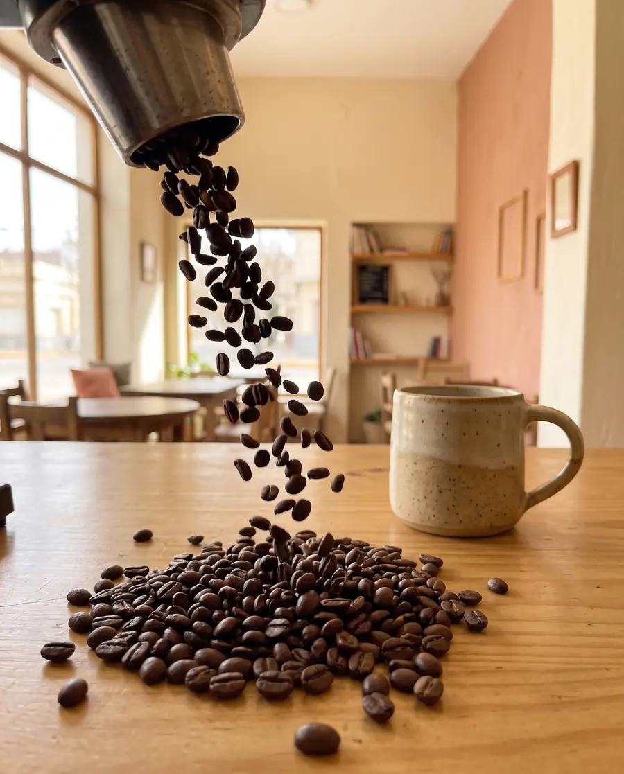 Granos de café tostados cayendo de un molinillo sobre la mesada, junto a una taza de cerámica