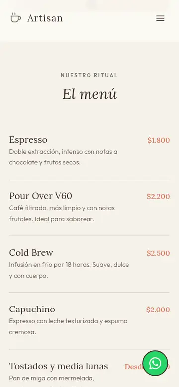 Menú con precios de la demo de cafetería en celular