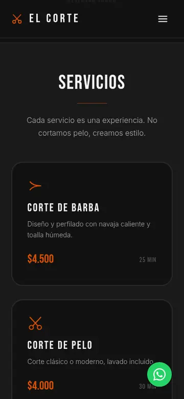Servicios con precios de la demo de barbería en celular