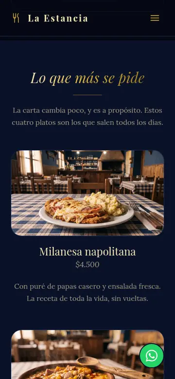 Platos más pedidos de la demo de restaurante en celular