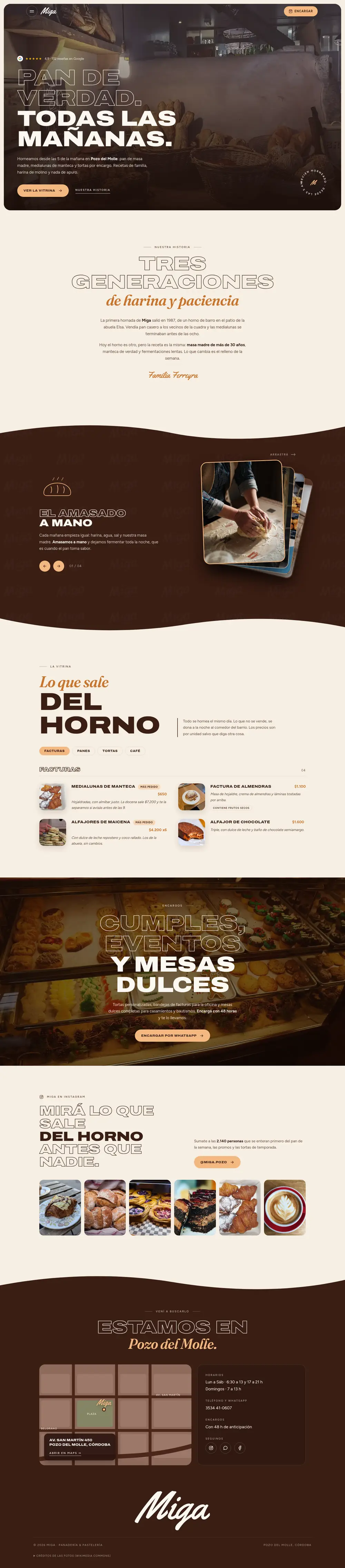 Captura completa de la demo de panadería “Miga”: portada con reseñas de Google, historia, obrador, vitrina con pestañas, encargos, Instagram y mapa