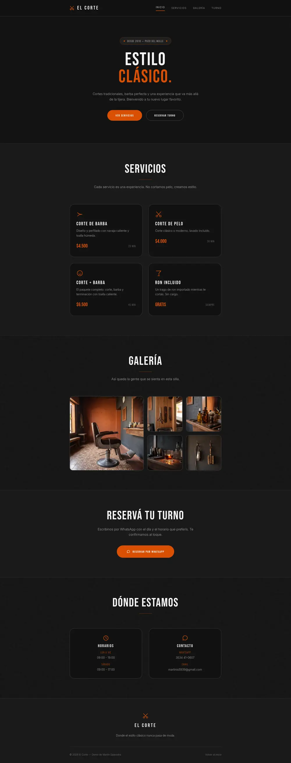 Captura completa de la demo de barbería “El Corte”: portada, servicios con precios, galería, turnos y ubicación