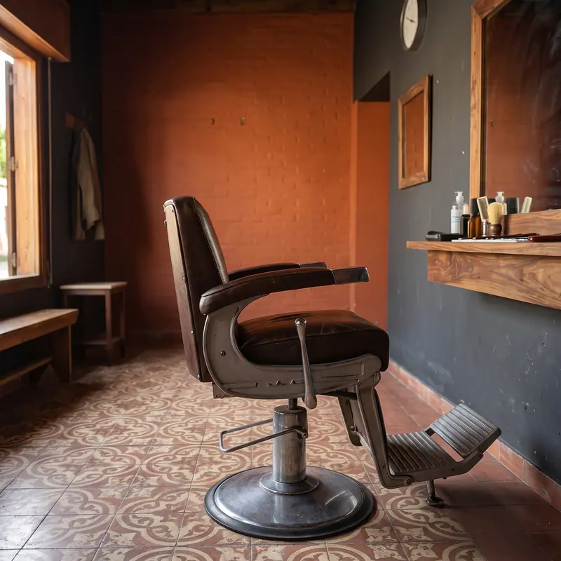 Sillón de barbero de cuero frente al espejo, con piso de baldosas calcáreas