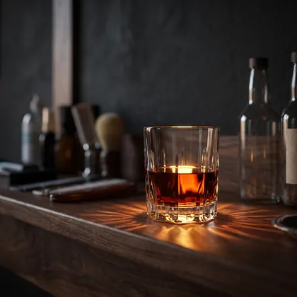 Vaso de ron sobre la repisa de madera, iluminado por la luz de la ventana