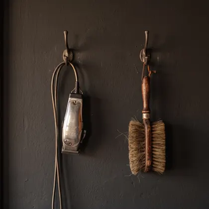 Máquina de cortar el pelo y cepillo colgados de ganchos en la pared