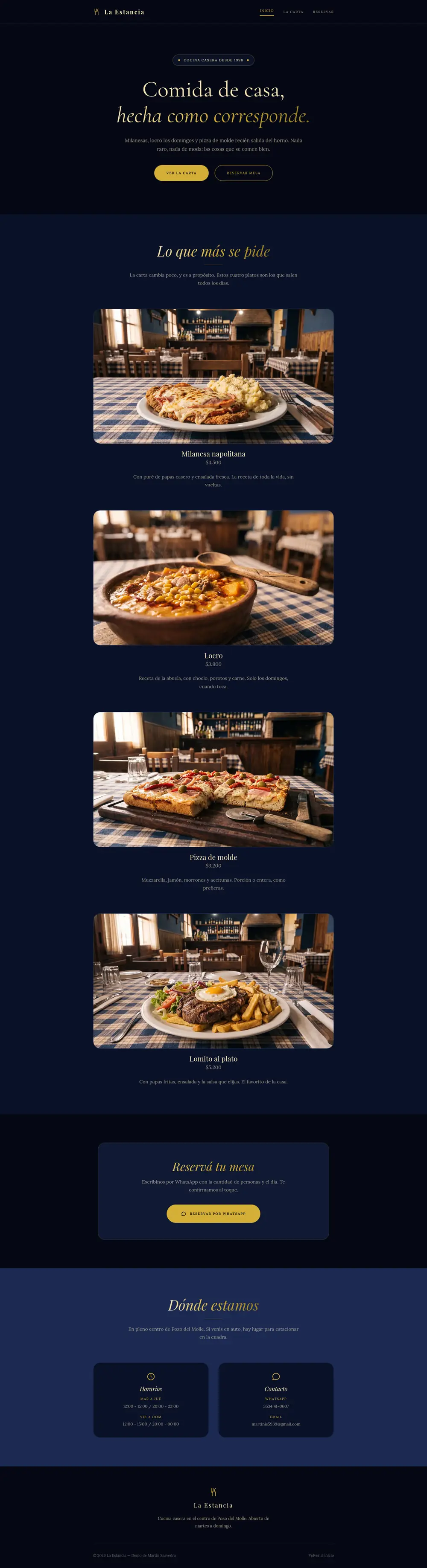 Captura completa de la demo de restaurante “La Estancia”: portada, platos más pedidos, reservas y ubicación