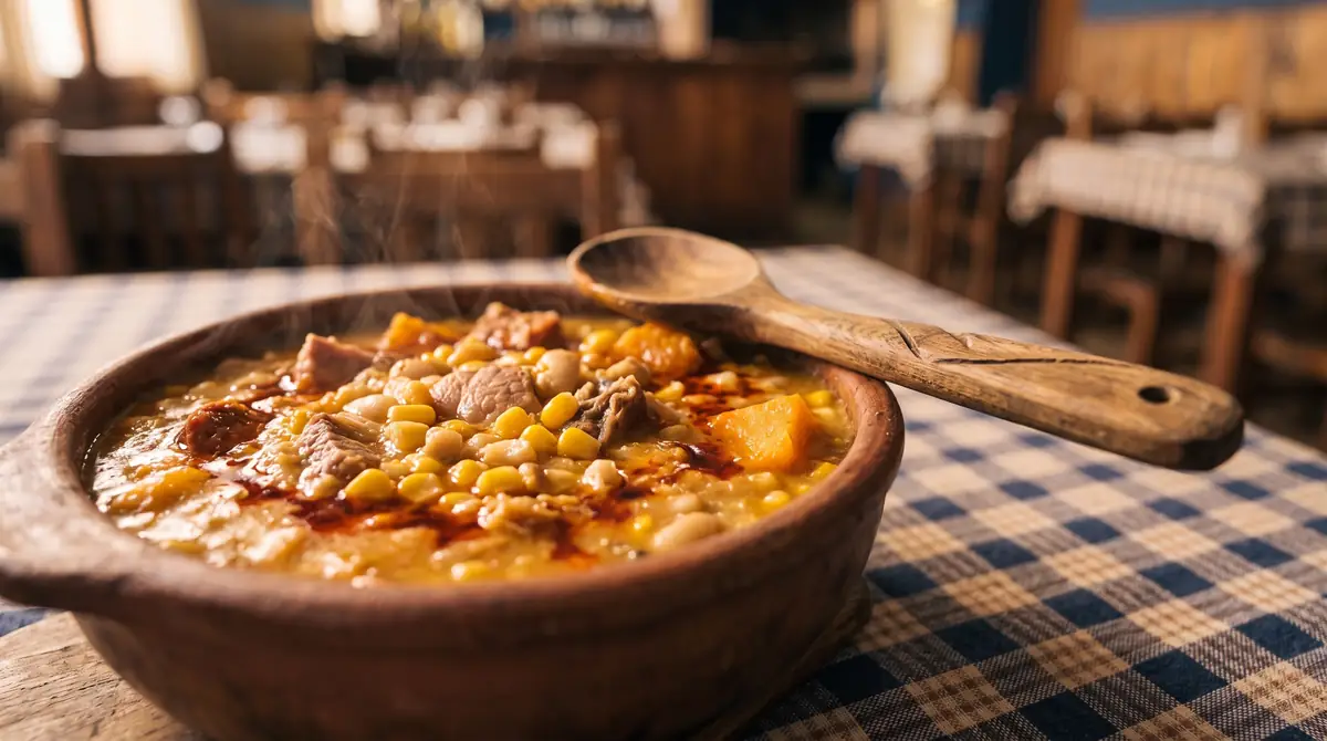 Cazuela de barro con locro humeante y cuchara de madera