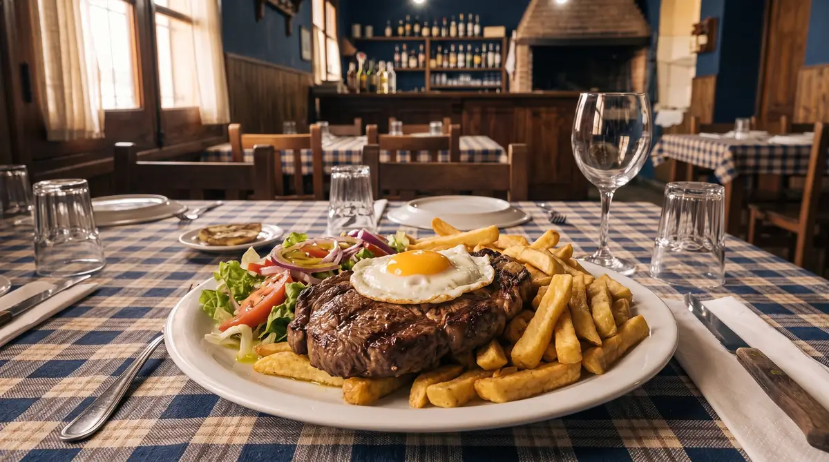Lomito al plato con huevo frito, papas fritas y ensalada