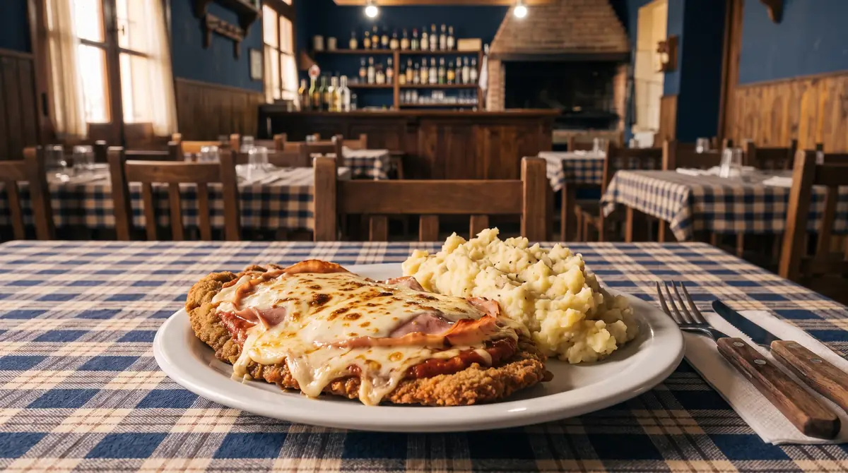 Milanesa napolitana con puré de papas, servida en la mesa con mantel a cuadros