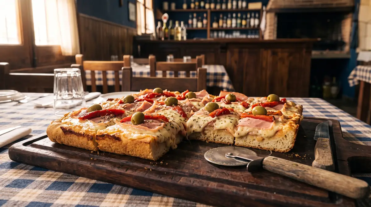 Pizza de molde cortada en porciones sobre una tabla de madera
