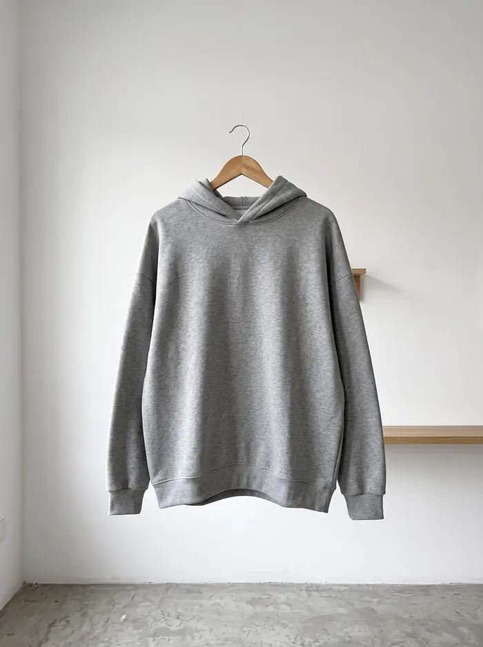 Buzo gris oversize colgado de una percha contra pared blanca