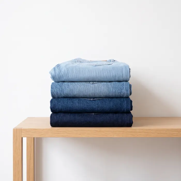 Jeans azules doblados y apilados sobre una mesa de madera