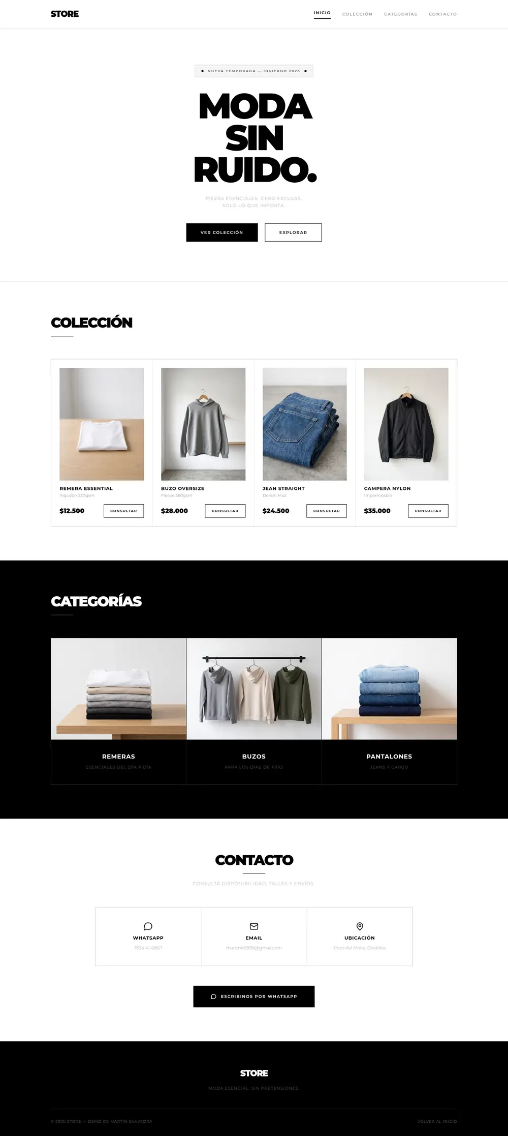 Captura completa de la demo de tienda “STORE”: portada, colección con precios, categorías y contacto