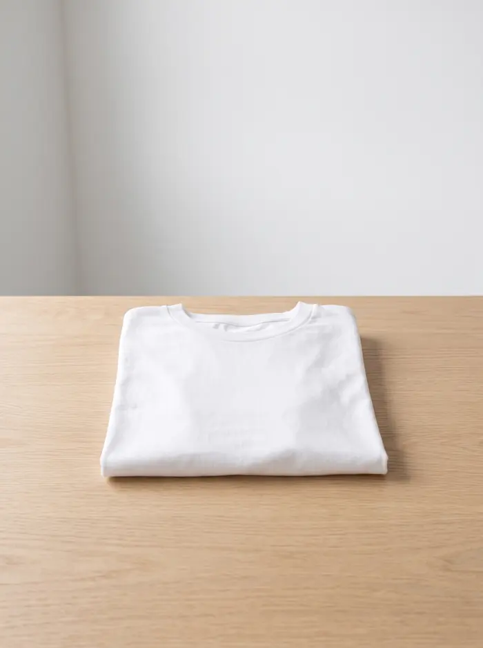 Remera blanca lisa doblada sobre una mesa de madera clara
